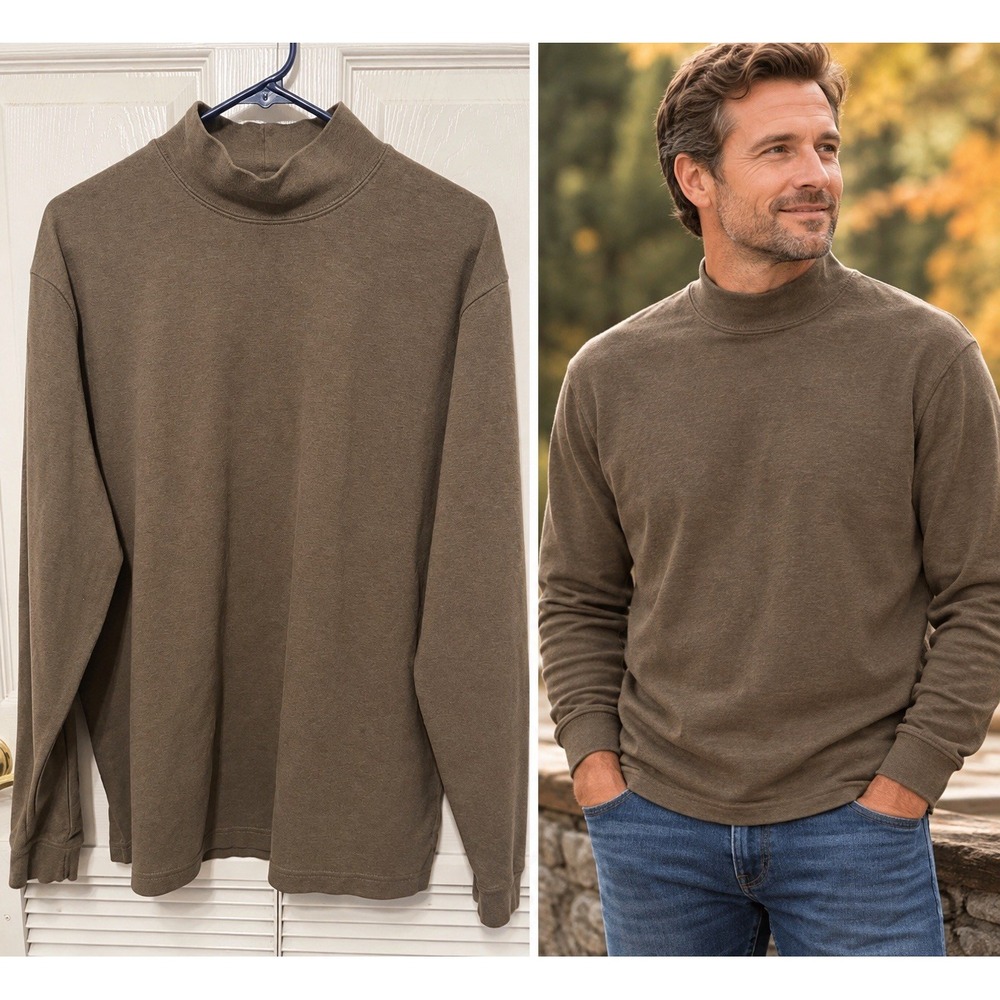 L.L. Bean Men's Large Mock Turtleneck Shirt Brown 100% Cotton Long Sleeve L Reg